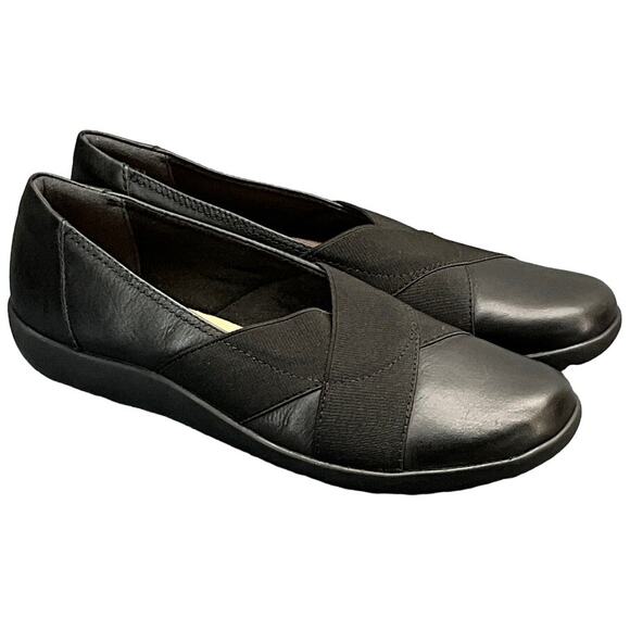 Clarks Medora Jem Black Stretch Cross Strap Flats Slip On Comfort Loafer Women 9 - Picture 1 of 8